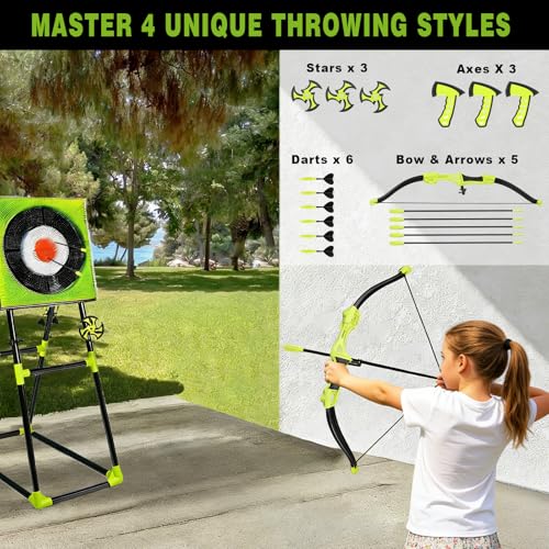 4-in-1 Axe Throwing Game for Backyard, Axe Throw & Lawn Dart Target Sets, Yard Games for Team Battles with 3 Axes, 3 Stars, 6 Darts & 5 Arrows Indoor/Outdoor Games Competition-Ready Set