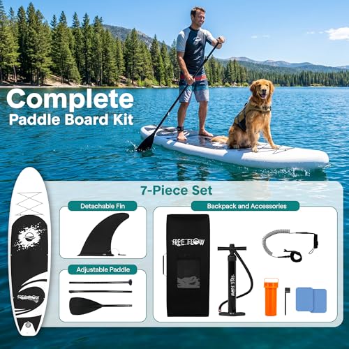 SereneLife 10’6” Inflatable Stand Up Paddle Board with Premium SUP Accessories - 32” Wide Stable Design with Non-Slip EVA Deck Pad, for Youth and Adults, 350 lbs. Capacity - color: Black/Grey