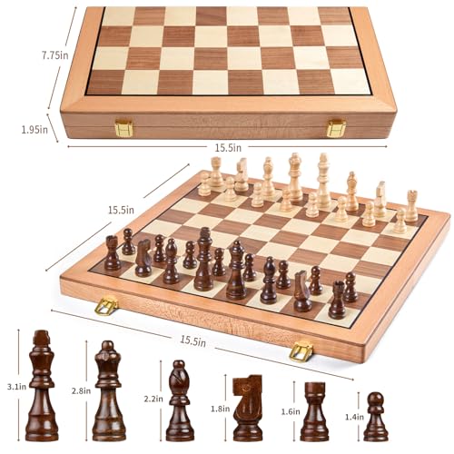 AMEROUS Magnetic Wooden Chess Set, 15 Inches Handmade Wooden Folding Travel Chess Board Game Sets with Chessmen Storage Slots for Kids and Adults, 2 Bonus Extra Queens, Gift Box Packed