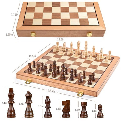 AMEROUS Magnetic Wooden Chess Set, 15 Inches Handmade Wooden Folding Travel Chess Board Game Sets with Chessmen Storage Slots for Kids and Adults, 2 Bonus Extra Queens, Gift Box Packed