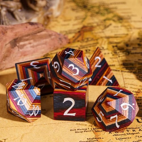 Wooden Dice Set Yellow Striped DND Dice Natural Wood for Role Playing Games and Tabletop Game - color: Yellow Striped/Silver