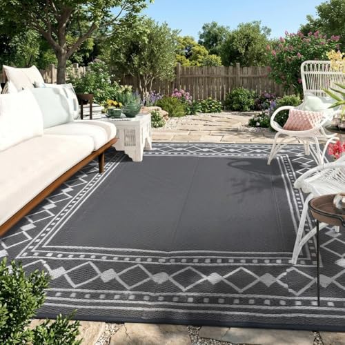 GarveeHome Patio Modern Bordered Outdoor Rug 10x14 Waterproof Large Reversible Camping Mat Foldable Lightweight Plastic Straw Outdoor Rug for Deck, Picnic, Porch, Camper, Balcony, Beach, Rv, Grey - color: Charcoal Gray & White, size: 10' x 14' (Rectangula