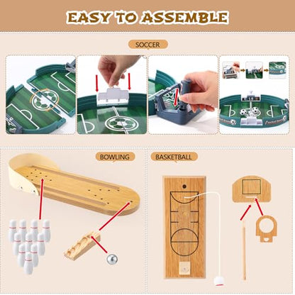 Soulchen Sports Table Top Game Set Mini Tabletop Wooden Bowling, Wooden Basketball, Plastic Soccer Set Office Desk Toy Decor Gag Fun Soccer Football Competition Party Favors Gifts