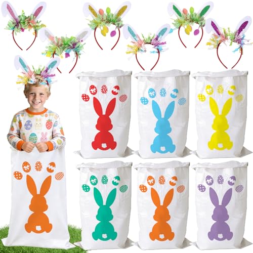 12 PCS Easter Potato Sack Race Bags with Headbands for All Ages Kids Easter Bunny Theme Party Favor,Easter Eggs Hunt Games Party Supplies Birthday Carnival Backyard Activities(6 Styles)