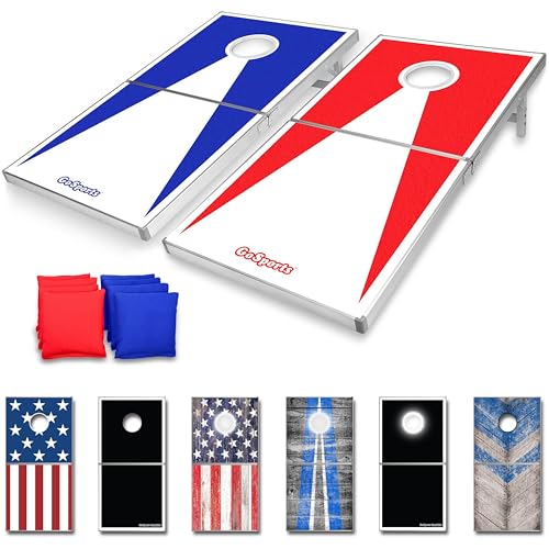 GoSports 4 x 2 ft Ultra Portable Cornhole Board Set - Choose LED Lights or Standard - Regulation Size Corn Hole Games for Adults, Perfect for Tailgating and Camping - Includes 8 Bean Bags & Rules - style: Red & Blue Edition
