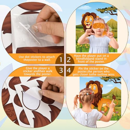 PLULON Pin The Tail on The Lion Party Game Kids Lion Games Poster with Tail Stickers for for Lion Party Favors Boys Birthday Party Supplies Party Decorations - style: Lion