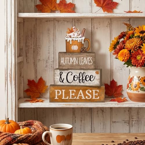 Lineshading 4 Pcs Fall Coffee Table Decor Fall Decoration for Home Wooden Stacked Block with Pumpkin Latte Topper Rustic Thanksgiving Tiered Tray Decor for Harvest Party Home Kitchen Coffee Bar - style: Autumn Leaves 2