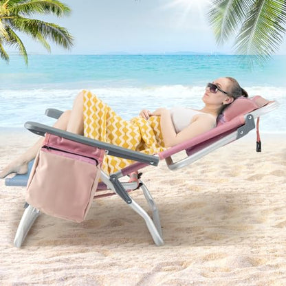 Tangkula Set of 2 Backpack Beach Chair, 5-Position Lay Flat Beach Chairs with Cooler Bag, 2 Cup Holders, Towel Bar, Lightweight Folding Beach Chair with Backpack Straps - color: Pink, style: 2 Pack