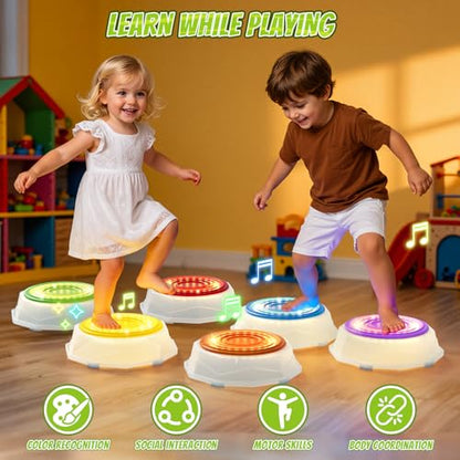 Light Up Stepping Stones for Toddlers 3-5 - 6 PCS Non-Slip Musical Stackable Step Stones, Toddler Obstacle Course Sensory Toys, Indoor Outdoor Jumping Play 1-3 Years Old Boys Girls Birthday Gifts - style: 6 LED Pads