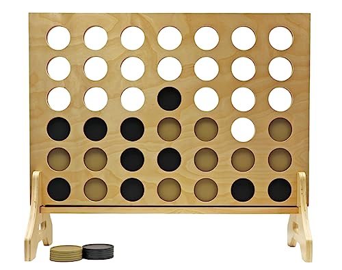 Giant 4 in a Row Game for Family & Adults – Tailgating Pros Jumbo Natural Wooden Four in a Row Indoor Outdoor Yard Game for Family Party Fun, Portable Activities for Patio, Backyard, and Camping - color: Black / Gold