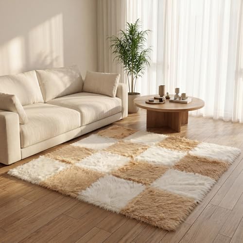 16 Pcs Beige Camel Faux Fur Floor Tiles, 11.8 x 11.8 in Puzzle Girls Play Soft Tiles, 1.5 Inch Shaggy Square, EVA Foam Floor Mat for Nursery, Playroom, Bedroom, Toddler Room, Daycare - color: Beige Camel