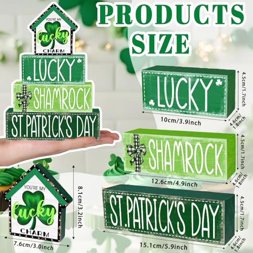 DIYDEC 4Pcs St.Patrick's Day Table Decoration Shamrocks House Wooden Block Signs Rustic St. Patrick Tiered Tray Decor Happy St.Patrick's Day Centerpiece Sign for Farmhouse Holiday Tabletop Party Decor - style: St.Patrick's Day House