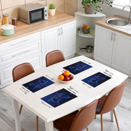 Erosebridal Gamepad 4 PCS of Placemats 12x18 Video Game Place Mat for Dining Table Boys Neon Lights Modern Non Slip Table Mats Dark Blue Geometric 3D - color: Dark Blue