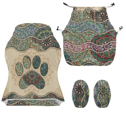Dog Paw Print Gaming Chair Covers Slipcovers 4Pcs with Armrest Cover Mandala Flower Print Gamer Desk Chair Covers Easy to Install Home Decorations - color: Green and Brown - Dog Paw Mandala Flower