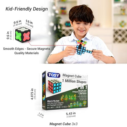 TOSY Magnet Cube 3x3 - 240 Magnets, 30 Blocks, 7in1 Toy: Puzzle Cube Game, Creative Building Blocks, Transformable Fidget Spinner, Infinity Cube, Magnet Tiles, UV Flashlight, Glowing STEM/STEAM Toy - color: Cube 3x3x3