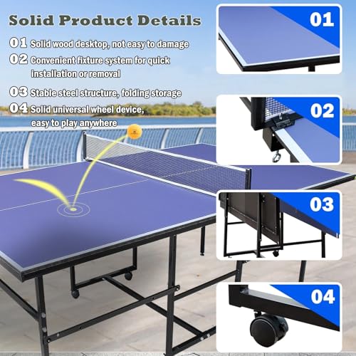 9FT Ping Pong Table Rolling Foldable Table Tennis Table for with Net, Table Tennis Paddles and Balls, Multi-Use Family Game Table for Teenager Adult, Folded with Single Player Playback Mode