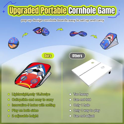 ROSE ME Cornhole Board Set, Portable Collapsible 5 Holes & Double Sided 3x2 ft Corn Hole Boards with 8 Bean Bags 12 Sticky Balls Free Carry Case, Adults Outdoor Toss Games for Yard, Beach, Lawn