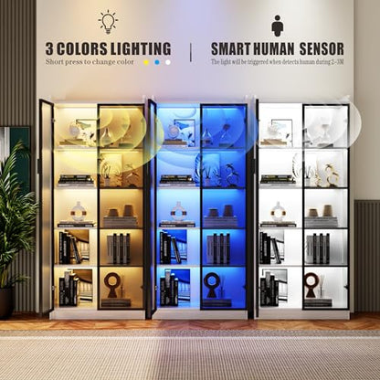 Dystler Display Cabinet with Doors and Adjustable Shelves, 65" Tall Bookcase with LED Lights/Human Sensor, 5 Tier Display Case for Collectibles Bedroom Living Room Office, White - color: White