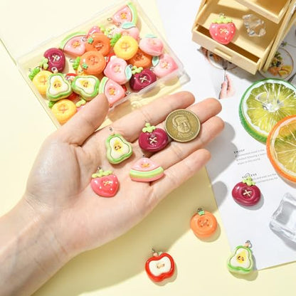 Stiesy Resin Fruit Charms 32Pcs, Imitation Button Pendants with Loop, Apple Strawberry Watermelon Pineapple Pear Peach Shape Charms for Jewelry Making, DIY Craft Supplies and Keychain Making - color: Fruit-8 Styles-32pcs