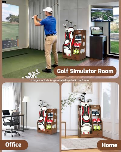Mythinglogic Wooden Golf Bag Storage Rack, Golf Organizer with Shoe Shelves, Ball Holder & Drawer, MDF Golf Equipment Storage Cabinet for Home, Garage or Simulator Room - size: 1 golf bag rack-Brown