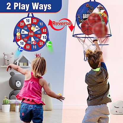 2 in 1 Basketball Hoop Indoor & outdoor with Dart Board for Kids,14" Foldable Dart Board with Sticky Balls and Mini Basketball Hoop, Party Birthday Gifts Toy for 2 3 4 5 6 7 8 9 10 Year Old Boys Girls