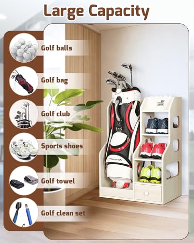 Mythinglogic Wooden Golf Bag Storage Rack, Golf Organizer with Shoe Shelves, Ball Holder & Drawer, MDF Golf Equipment Storage Cabinet for Home, Garage or Simulator Room - size: 1 golf bag rack-White