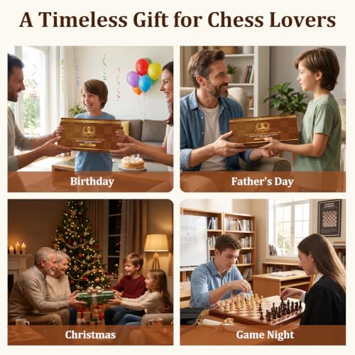 15.4" Magnetic Wooden Chess Set for Adults & Kids, Handcrafted Foldable Chess Board with Individual Storage Slots, 2 Extra Queens, Portable Travel Chess Set, Home & Office Decor, Gift for Chess Lover
