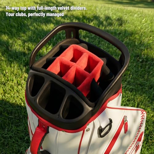 uniHimal Golf Cart Bag with 14-Way Full-Length Dividers, Premium PU Leather Golf Bag for Men Women with Plush Top, Magnetic Pocket and Rain Cover, Lightweight Golf Club Bag Includes Cooler Pockets - color: Beige Red