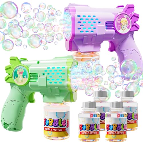 EagleStone Bubble Guns Bubble Machine for Toddlers, 10,000 Bubbles/Min Automatic Bubble Blower with Lights, 4 Pre-Filled Solutions, Light Up Bubble Blaster Outdoor Easter Birthday Gifts for Boys Girls - color: Green,purple
