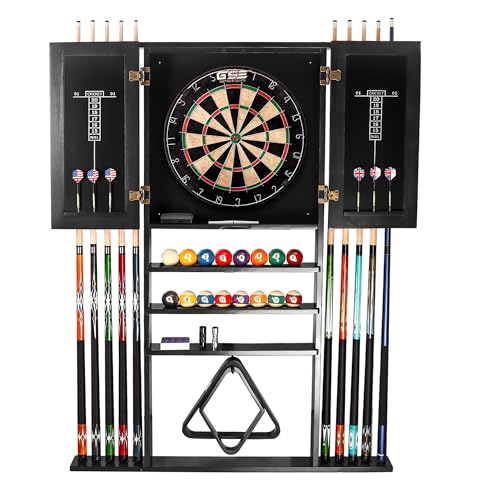 GSE Games & Sports Expert 10 Billiard Pool Cue Rack & Dart Board Cabinet Combination, Wall Mounted Billiard Pool Cue Rack Only, Dartboard Cabinet Only with Dart Scoreboard - color: Black