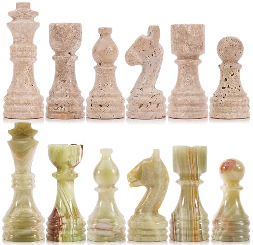 Marble Chess Pieces 3.5 Inch Travertine and Green Stone Chess Figures for Chess Board - Classic Board Games for Adults & Table Decor - Game Accessories for Gifts, Draughts & Travel Set - color: Travertine & Green