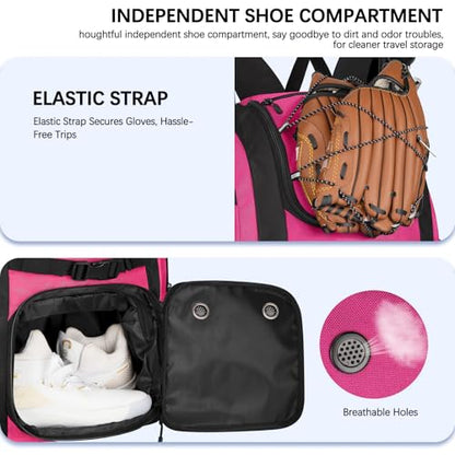 Goloni Baseball Bag, 60L Capacity Softball bag Holds 4 Bats for Youth & Adult, Baseball Bat Backpack with Shoes Compartment,Helmet Holder,Fence for Hook T-Ball, Softball Equipment, Baseball Gear - color: Pink