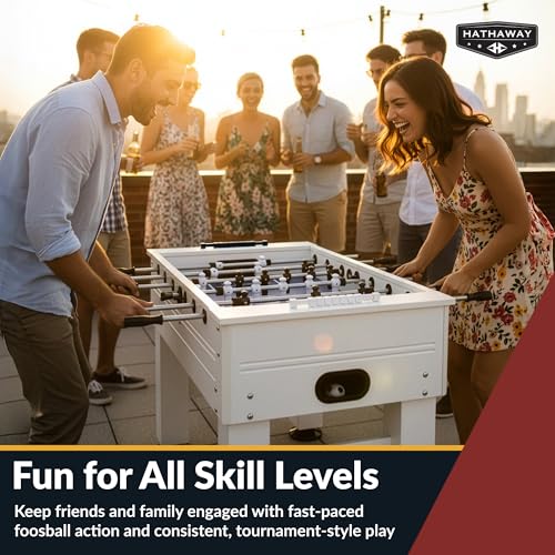 Hathaway Highlander 55-in Outdoor Foosball Table Adult Size - White Soccer Table Game Set with Waterproof Surface, Anti-Rust Rods, Ergonomic Handles, Nylon Cover, 2 Scorers, and 2 ABS Foosball Balls