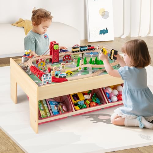 Costzon Train Table, 3-in-1 Wooden Activity Table W/ 3 Storage Bins, Reversible 94 PCS Track Train Toys & Table Map for Building, Playing, Studying, Eating, Kids Train Set Table for Boys Girls Aged 3+ - size: 36" x 25" x 15.5" (L x W x H)