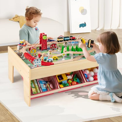 Costzon Train Table, 3-in-1 Wooden Activity Table W/ 3 Storage Bins, Reversible 94 PCS Track Train Toys & Table Map for Building, Playing, Studying, Eating, Kids Train Set Table for Boys Girls Aged 3+ - size: 36" x 25" x 15.5" (L x W x H)