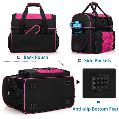 DSLEAF Bowling Bag for 2 Balls, Bowling Tote with Wooden Bowling Cups and Padded Divider for Double Ball and A Pair of Bowling Shoes Up to Mens 16 and Extra Essentials (Patent Design), Bag Only - color: Rose Red
