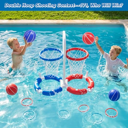 Double Pool Basketball Hoop with Backboard &Ring Toss Game, 2-in-1 Floating Pool Toy with 4 Balls 8 Rings&Pump,2 Player Games Summer Activities for Kids 5-8 8-12& Adult,Outdoor Swimming Party Gifts - size: Double with backboard
