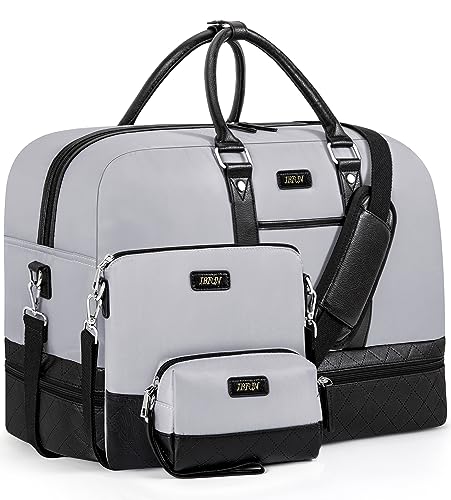 Weekender Bag for Women, Large Overnight Bag Canvas Travel Duffel Bag Carry On Tote with Shoe Compartment 21" 3Pcs Set - color: A19-black+dark Grey