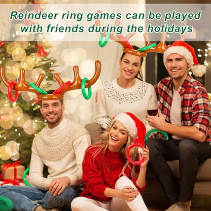 4 Set Inflatable Reindeer Antler Ring Toss Game for Xmas Party, 2025 Christmas Antler Hat Ring Toss Game for Kids Adults, Family Indoor Outdoor Reindeer Toss Game (4 Antlers 16 Rings 1 Pump)