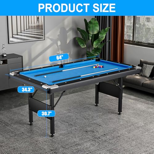 3 in 1 Billiard Table, 64" Folding Pool Table with Ping Pong Table and Dining Top, Multi Game Table Includes Billiard Accessories and Tennis Paddles for Family Game Room, Basements - color: Blue