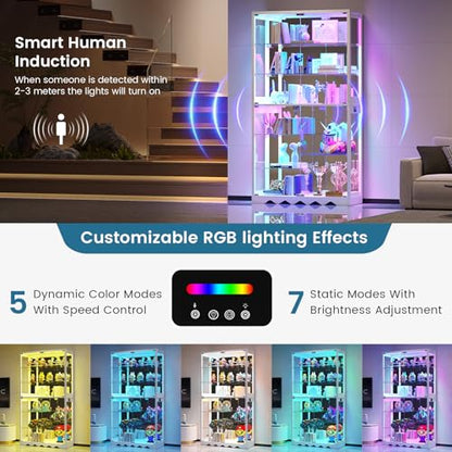 Large Display Cabinet with Glass Doors, 8-Tier RGB Curio Cabinet with Smart Human Induction & Remote Control, 73" Tall Stable Glass Display Case for Collectibles, Figures, Lockable Storage, White