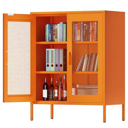 Ustamio Orange Metal Storage Cabinet with Mesh Doors, Small Office Cabinet with 2 Adjustable Shelves, Accent Metal Locker Storage Cabinet for Home, Office, Living Room, Hallway - color: Orange, size: 40"H-Mesh Doors