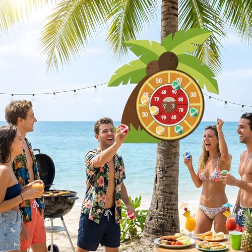 23" Hawaii Dart Board Set,Palm Tree Dart Board with Sticky Balls,Tropical Party Supplies Summer Dart Shooting Indoor Outdoor Games Party Supplies with 12 Stick Balls, Hook