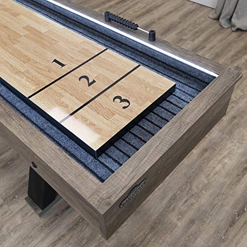 American Legend Kirkwood 9’ Shuffleboard Table with LED Rails, Bowling Game Set, Rustic Wood Finish & Accessories Included