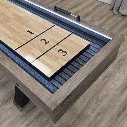 American Legend Kirkwood 9’ Shuffleboard Table with LED Rails, Bowling Game Set, Rustic Wood Finish & Accessories Included