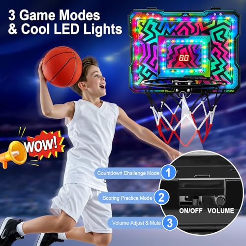 Indoor Mini Basketball Hoop, Over the Door Basketball Hoop with LED Lights/Scoreboard/4 Balls, Upgraded Reinforced Backboard Frame, Basket Ball Toys Gift for Kids Ages 3-5-12+ Boys Girls