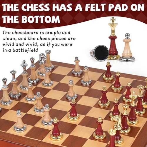 Large Wooden Chess Set with Metal & Wooden Chess Pieces, Luxury 17 Inch Chess Board Game with 2 Extra Queens, Premium Classic Strategy Board Game for Adults, Kids, Beginners & Gift Lovers