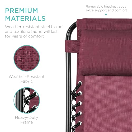 Best Choice Products Set of 2 Adjustable Steel Mesh Zero Gravity Lounge Chair Recliners w/Pillows and Cup Holder Trays - Burgundy - color: Burgundy, size: Standard