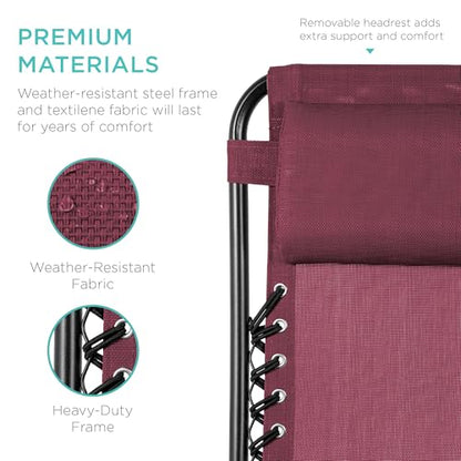 Best Choice Products Set of 2 Adjustable Steel Mesh Zero Gravity Lounge Chair Recliners w/Pillows and Cup Holder Trays - Burgundy - color: Burgundy, size: Standard
