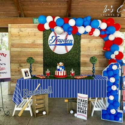 4 Pcs Plastic Baseball Tablecloths, Rectangle Blue Stripe Party Table Cloth for Baseball Game Day Sports Theme Party Supplies, 51 x 86 Inches - color: White on Blue